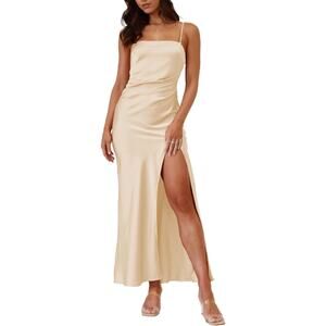 Champagne Satin High Slit Midi Square Neck Slip‎ Dress Formal Event Wedding Med